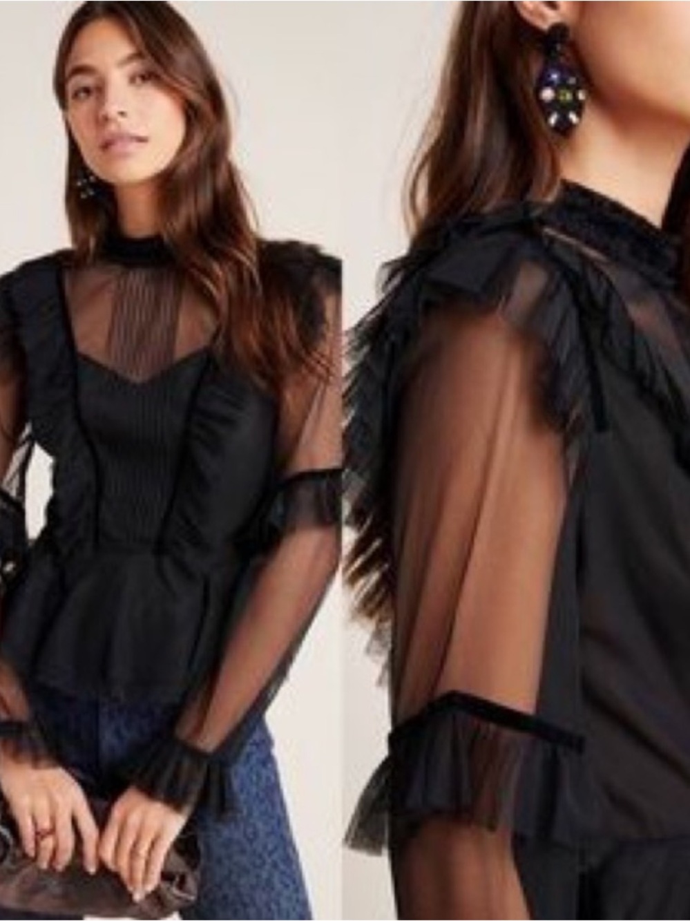 Anthropologie Geisha Designs Blouse Maggie Victorian Sheer Ruffle in Black
